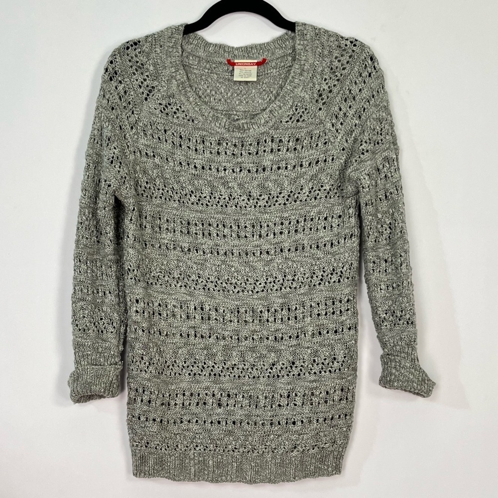 Unionbay Grey Silver Metallic Knit Sweater Cuffed Sleeve Sz Large Cotton Poly